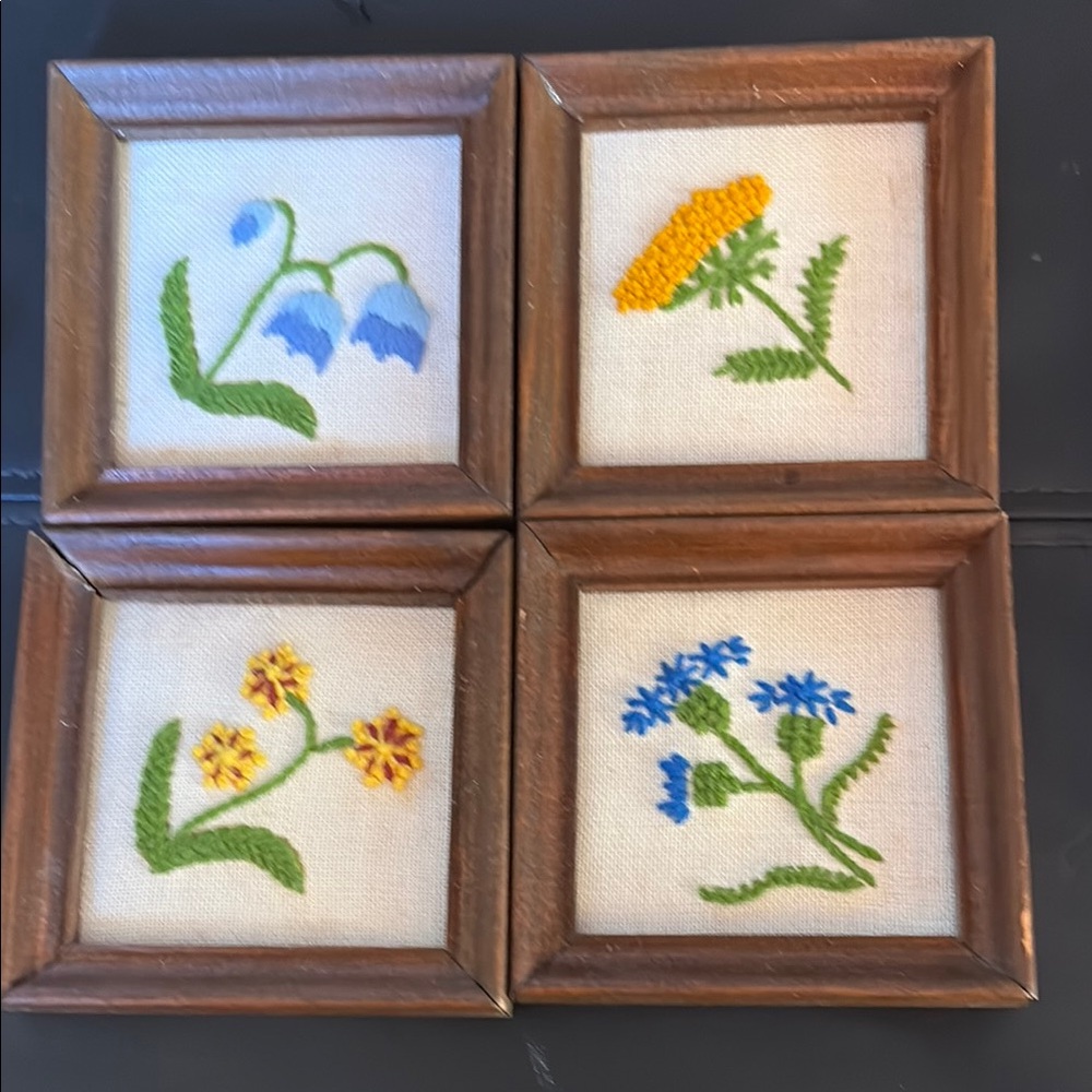 Set of 4 Floral Embroidered Wall Art Vintage handmade